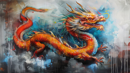 Obraz premium art image, oil painting on canvas of a chinese dragon digital illustration, illustration painting