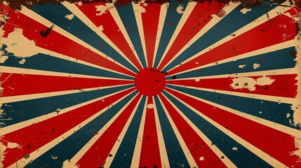 Retro circus design with swirling rays and a vintage vibe, featuring a bold sun or starburst graphic and textured elements of a carnival or big top setting.