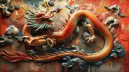 Obraz premium 3D illustration of chinese dragon wall.
