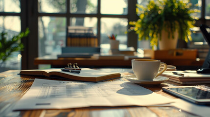 A steaming cup of coffee sits on a desk amid work documents, a tablet, and a peaceful office plant in a sunlit workspace.
