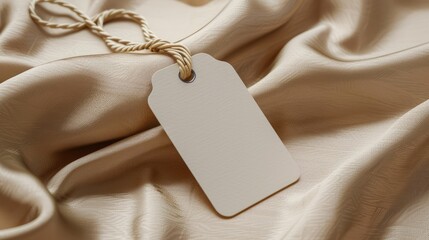 White clothing tag on beige fabric background, blank label mockup template, design concept