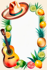 Viva Mexico card, guitar, maracas and hat Sombrero watercolor frame, Mexican style decoration.