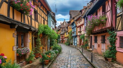 Fototapeta na wymiar Vibrant historic half-timbered homes in a charming French village.