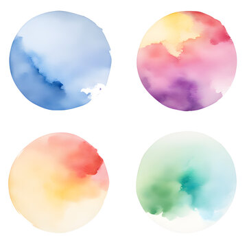 Blue, green, purple, gray and red abstract and subtle watercolor splash in round circle on transparent background