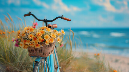 An old bicycle with a basket with yellow flowers in it