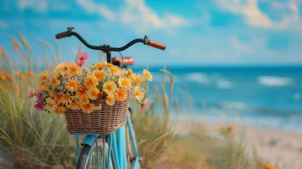 Fototapeten An old bicycle with a basket with yellow flowers in it © jr-art
