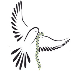 Stylized dove with an olive branch.