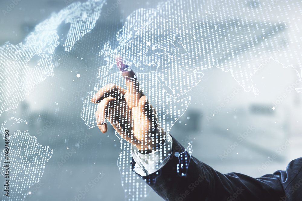 Aufkleber multi exposure of businessman hand clicks on abstract graphic world map on blurred office background