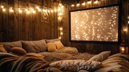 A rustic wooden cabin's home theater setup, adorned with string lights, offers a nest of pillows...