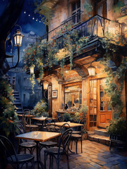 Fototapeta na wymiar Cozy european cafe outdoor, Barcelona, night time, light, watercolor