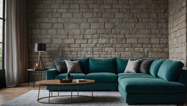 Cozy living room with a teal sectional sofa against a textured stone wall.