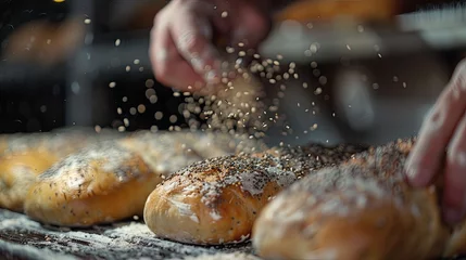 Crédence de cuisine en verre imprimé Pain Fresh Sesame Seed Bread Loaves Close-up A baker sprinkles sesame seeds on freshly baked bread loaves, highlighting the baking process.  