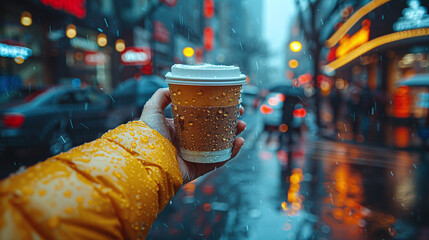 Man holding paper cup with coffee outside in rainy weather