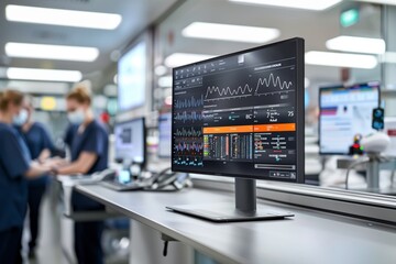 Selective focused at image of a healthcare data analytics workspace with blurred background of professionals at work inside medical room.  - obrazy, fototapety, plakaty