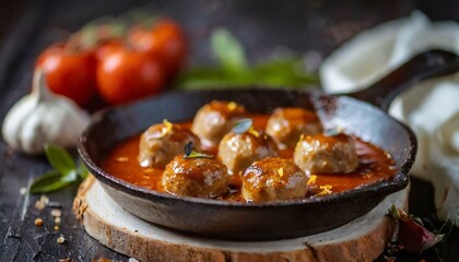 Beef meatballs in tomato sauce in a pan.
 - obrazy, fototapety, plakaty