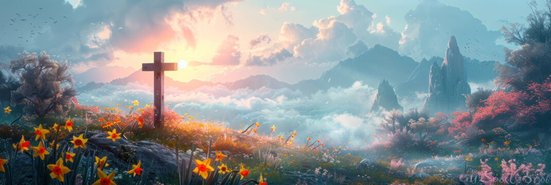 A breathtaking sunset falls behind a cross atop a mountain surrounded by clouds and wildflowers
