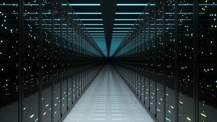 A symmetrical line of electric blue servers in a dark data center