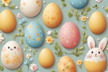 Seamless pattern with easter eggs and cute bunnies
