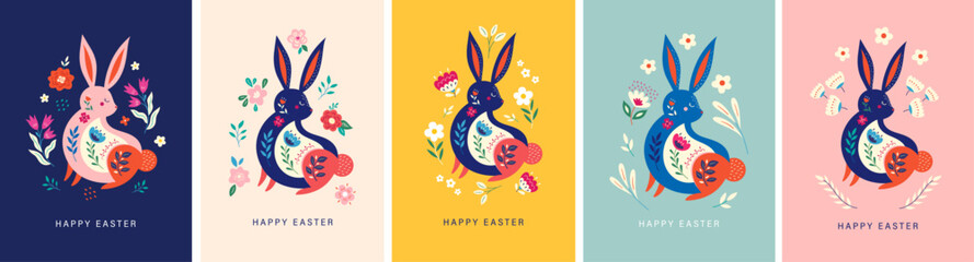 Colorful vector collection with easter rabbits. Happy easter greeting cards with decorative easter bunny	 - obrazy, fototapety, plakaty