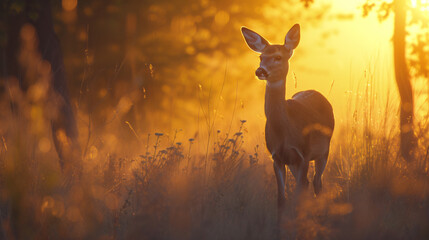 Deer in the sunset. - obrazy, fototapety, plakaty