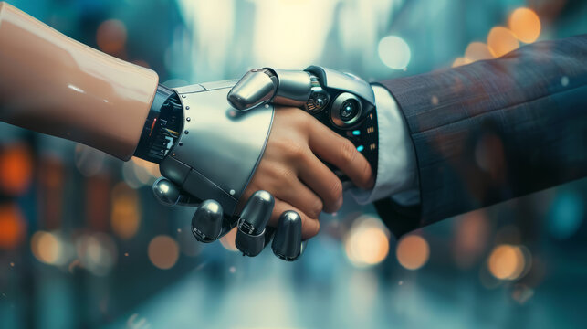 A human and a robot hand engaging in a handshake, set against a blurred technological backdrop, representing partnership in technology