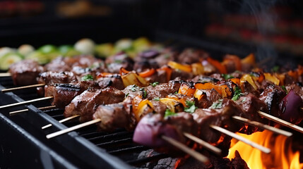 Delicious BBQ kebab grilling on open grill outdoors.