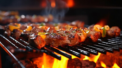 Delicious BBQ kebab grilling on open grill outdoors.