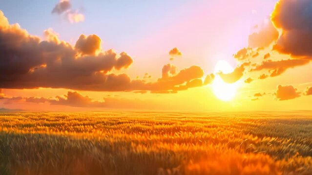sunset over the field landscape. 4k video animation