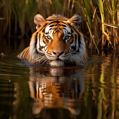 Naklejka premium A Tiger's Unexpected Dip: A Captivating Portrait of a Tiger in Water | World Wildlife Day