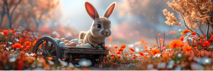Fotobehang Adorable rabbit carting a load of Easter eggs amidst a field of blooming red flowers © Oksana