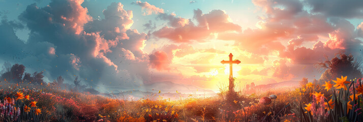 A wooden cross stands prominently in a field of blooming flowers, basking in the warm glow of a sunrise sky