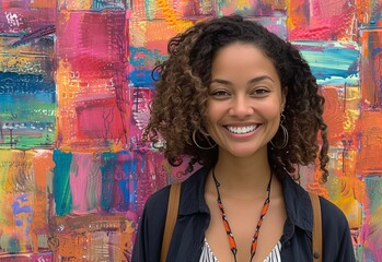 Portrait of a cheerful young woman with curly hair smiling brightly against a colorful abstract...