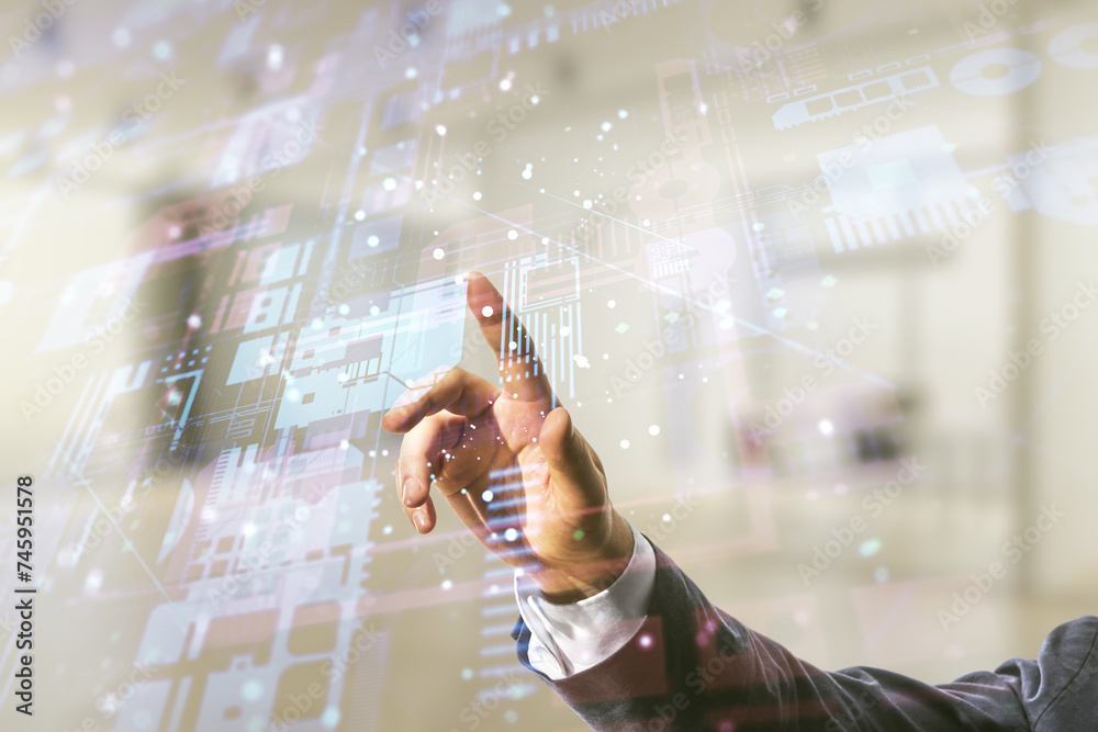 Poster Multi exposure of businessman hand clicks on abstract graphic coding sketch on blurred office background, big data and networking concept