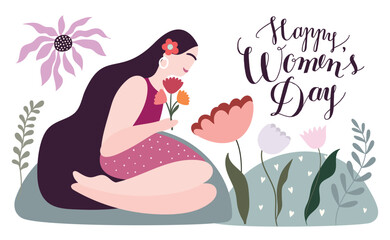 Happy Women's Day greeting card or postcard with floral design and hand lettering, isolated on white background
