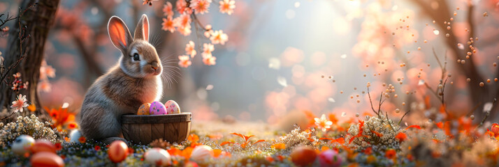 A soft image of a cute bunny next to a wooden basket filled with ornate Easter eggs in a dreamy flower field