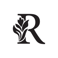 letter R. Black flower alphabet. Beautiful capital letters 