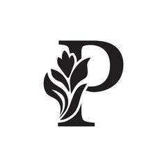 letter P. Black flower alphabet. Beautiful capital letters 