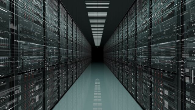 Symmetrical rows of metal servers line a long dark hallway in a data center
