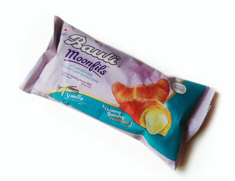 Guwahati, Assam, India - February 10, 2024 : Bauli Moonfils, Vanilla offers oven baked soft puff roll with vanilla cream inside. 