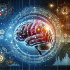 Digital illustration of human brain in colour background with media icons and buttons