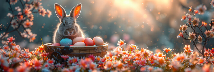 Enchanting image of a brown rabbit peeking over a wicker basket full of colorful Easter eggs, with a flower background