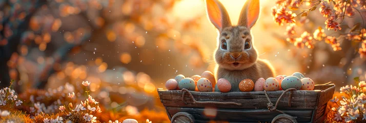  The image shows a rabbit with big ears by a basket of colorful Easter eggs amid a magical autumn forest scene © Oksana