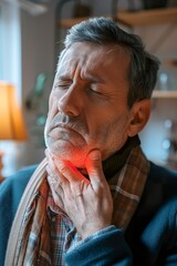 A man with severe sore throat expressing obvious discomfort and pain. A man with closed eyes denotes the uncomfortable and distressing sensation of a sore throat. - obrazy, fototapety, plakaty