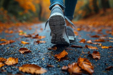 A close-up of a person's foot stepping on wet autumn leaves on a path, with fall colors in the background