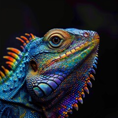Fototapeta premium Portrait of a bright lizard on a black background.