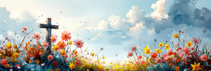 A serene illustration of a cross surrounded by vibrant wildflowers under a radiant sky with flying birds, representing peace - obrazy, fototapety, plakaty