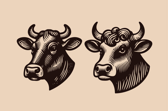 Cow and bulls head. Old vintage engraving illustration. Hand drawn outline graphic. Logo, emblem, icon. Isolated object, cut out. black and white