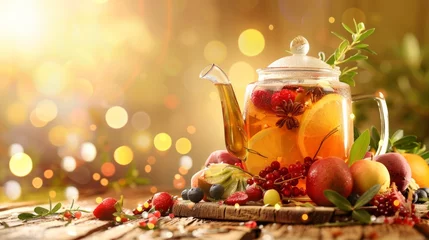 Foto op Aluminium Homemade healthy hot fruit tea with fresh ripe orange, apple, mint leaves and twigs of thyme in glass teapot or kettle on grey kitchen background. © Nataliya