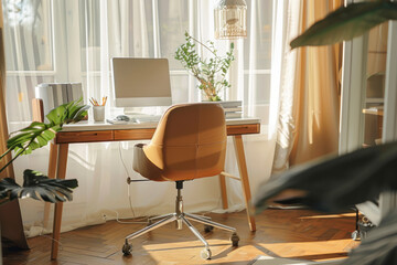 Stylish home office interior with a sleek desk, ergonomic chair.