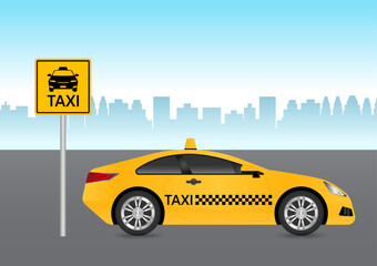 Taxi Car. Taxi in the City. Vector Illustration. 